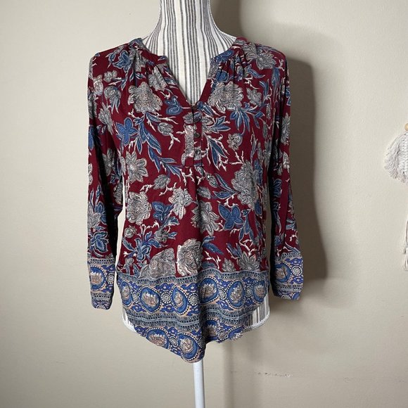 Lucky Brand Floral Damask Burgundy Wine V Neck 3/4 Sleeve Lightweight Blouse XS - Picture 2 of 10